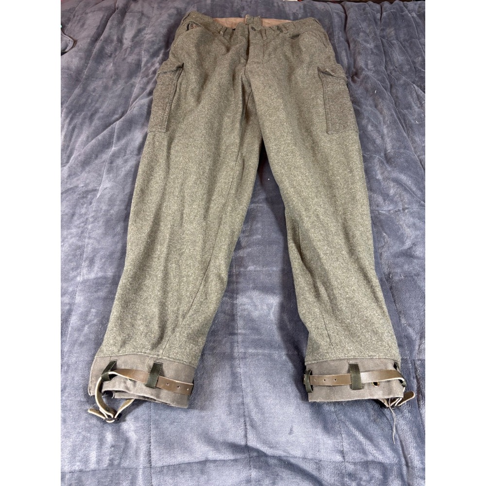 Vintage Military Wool Field Cargo Pants Olive Green Button Fly Leather Cuffs 31